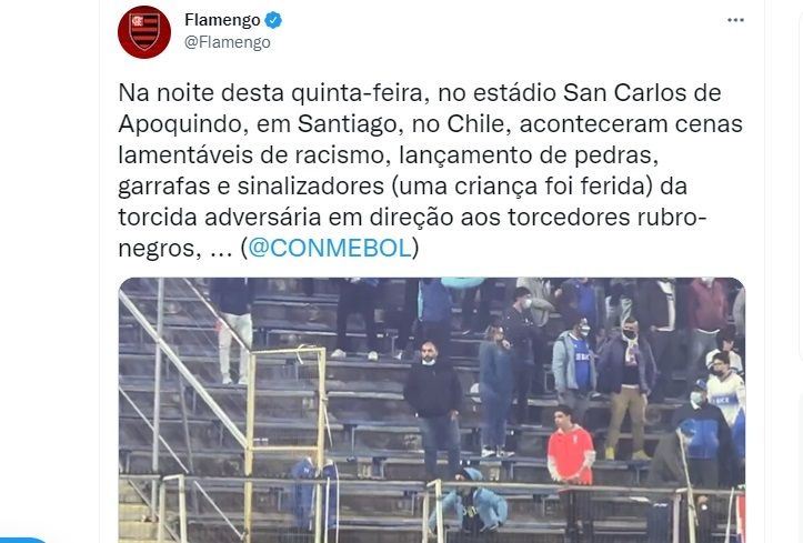 Tweet do Flamengo sobre o comportamento racista de torcedores da Universidad Católica / Reprodução