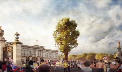 Palácio de Buckingham ganha escultura gigante com árvores para celebrar Jubileu