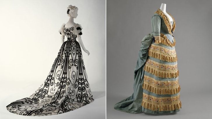 Um vestido de noite e um vestido de baile da House of Worth, o primeiro salão de alta costura francês a se estabelecer e influenciar a moda americana do exterior / Metropolitan Museum of Art