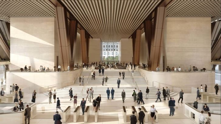 O saguão da nova torre, que abrigará até 14 miil funcionários / Foster+Partners