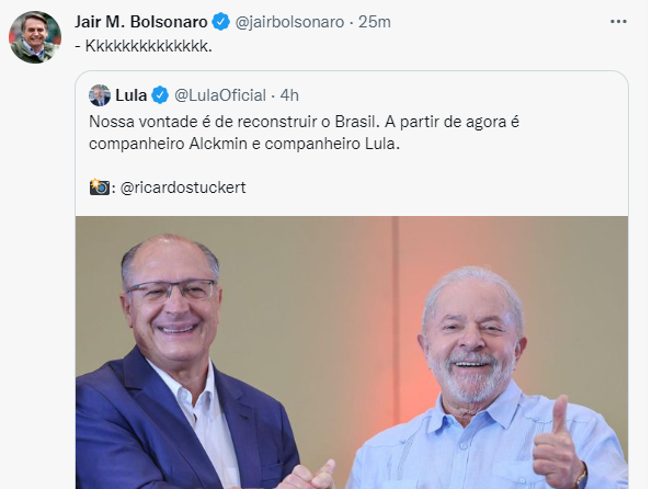 Bolsonaro ironiza chapa entre Lula e Alckmin