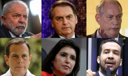 Pré-candidato à Presidência da República: de cima para baixo, da esquerda para a direita: Lula, Bolsonaro, Ciro, Doria, Tebet e Janones