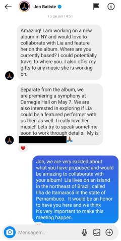 Mensagem enviada por Jon Batiste ao perfil da cantora Lia de Itamaracá no Instagram, em janeiro de 2022. O e-mail do artista foi editado da imagem / CNN