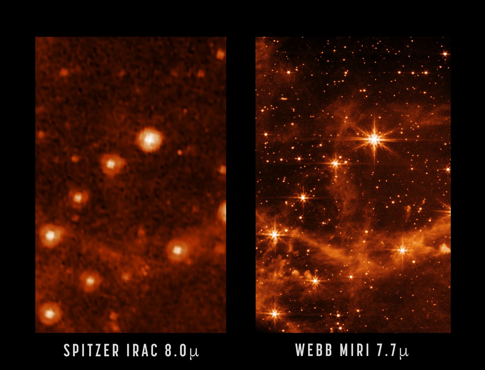 Compare a nitidez e o nível de detalhes capturados pelo Telescópio Espacial Spitzer (à esquerda) e pelo Telescópio Espacial James Webb (à direita). / NASA/JPL-Caltech