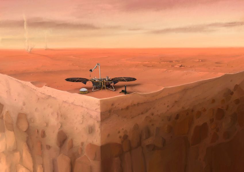 Ilustração mostra o módulo de pouso InSight da Nasa em Marte com camadas do subsolo do planeta abaixo. / IPGP/Nicolas Sarter