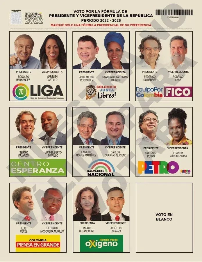 Cédula das eleições colombianas deste domingo (29). /