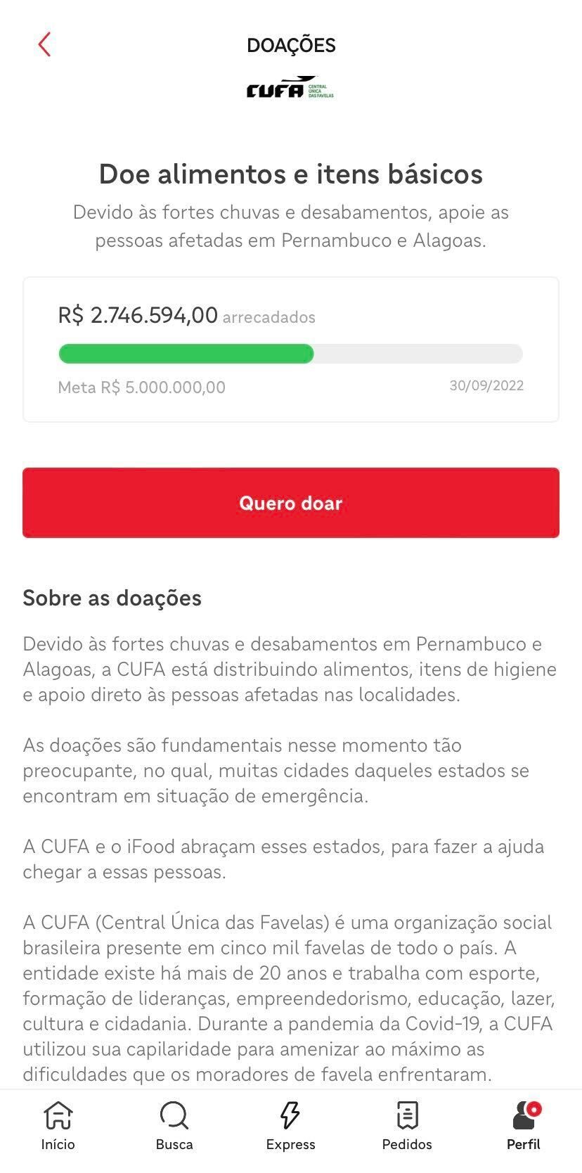 Tela do aplicativo do Ifood para doações às vítimas das chuvas. / Reprodução