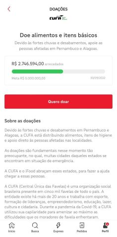 Tela do aplicativo do Ifood para doações às vítimas das chuvas. / Reprodução