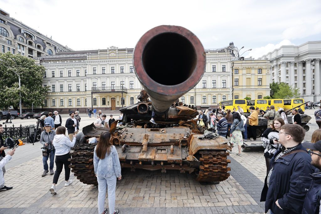 Destroyed Russian tanks on display for public in city squares