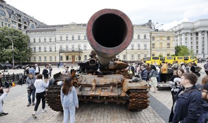 Destroyed Russian tanks on display for public in city squares