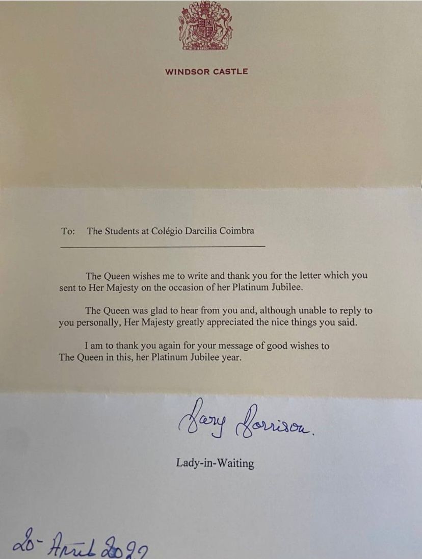 Resposta da Rainha Elizabeth II aos estudantes brasileiros / Arquivo pessoal