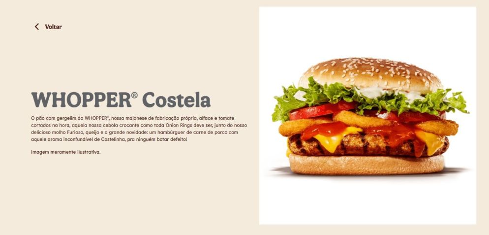 Descrição do Whopper Costela no site oficial do Burger King Brasil / /Reprodução