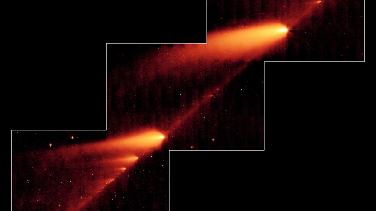 chuva_meteoro_nasa Imagem infravermelha do Telescópio Espacial Spitzer da Nasa mostrando o cometa fragmentado 73P/Schwassmann-Wachmann