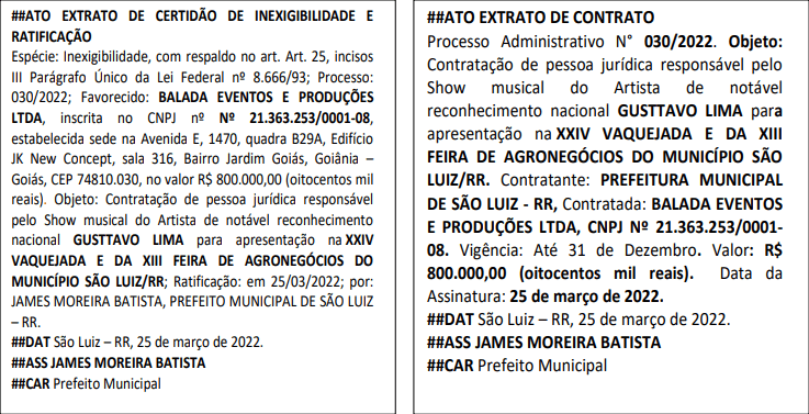 Edital da contratação do show de Gusttavo Lima sem licitação / Reprodução