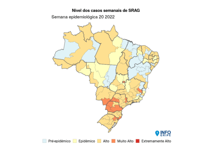 Nível de casos de SRAG por macroregiões analisados em maio pela Fiocruz / Reprodução / Fiocruz