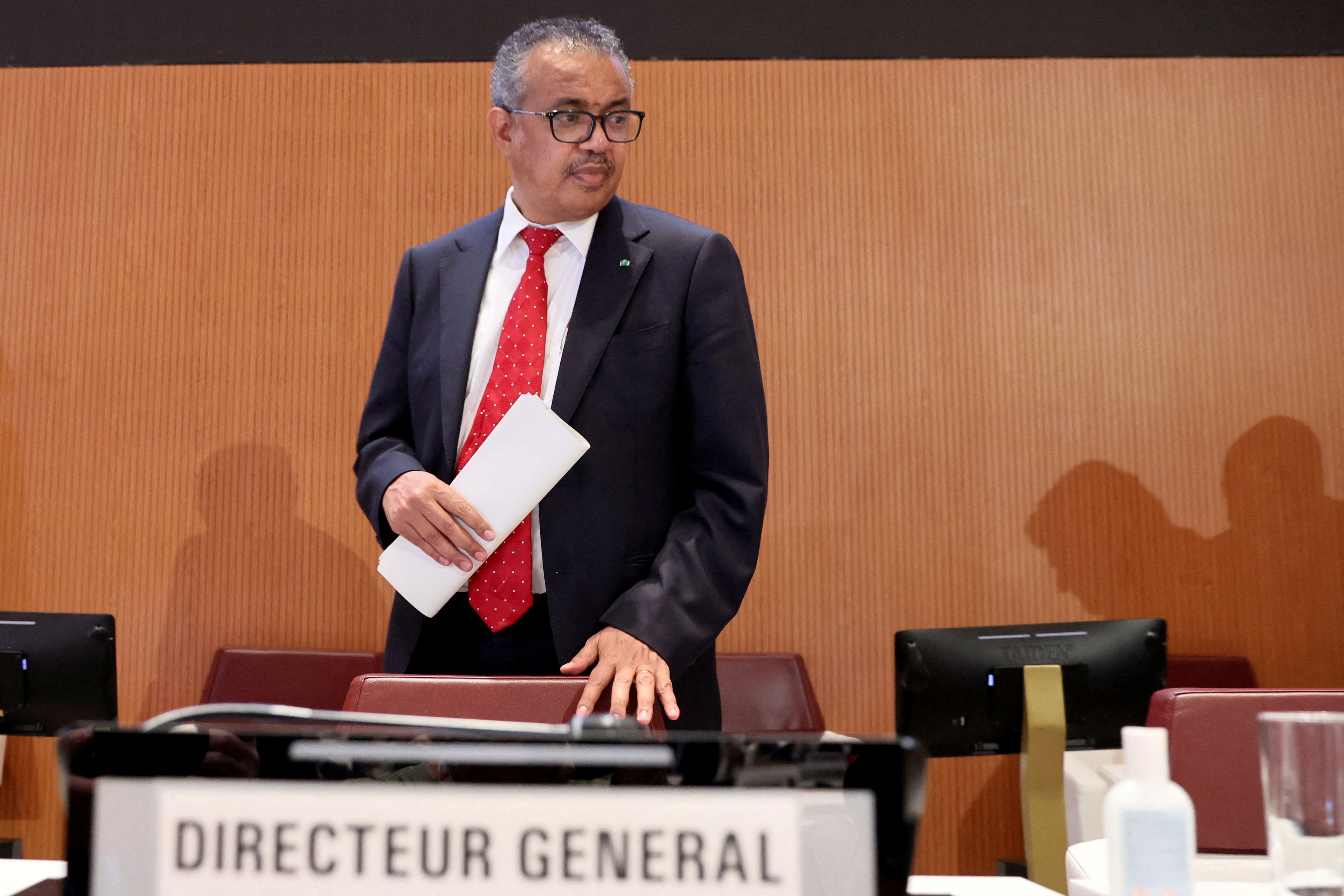 Diretor-geral da OMS, Tedros Adhanom, durante Assembleia de Saúde da entidade em Genebra, em 22 de maio de 2022