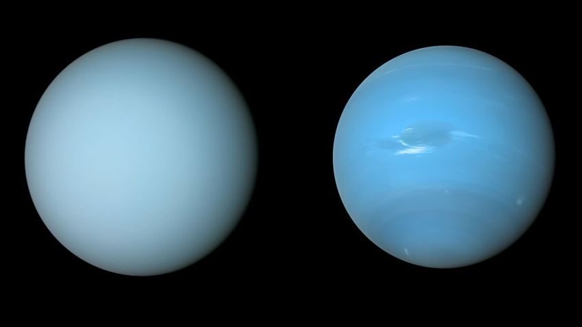 A espaçonave Voyager 2 da Nasa capturou essas visões de Urano (esquerda) e Netuno (direita) durante seus sobrevoos dos planetas na década de 1980. / NASA/JPL-Caltech/B. Jónsson