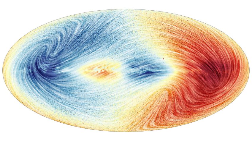 Os dados do Gaia revelam a velocidade com que mais de 30 milhões de estrelas da Via Láctea se aproximam ou se afastam da Terra. O azul mostra as partes do céu onde o movimento médio das estrelas está em nossa direção e o vermelho mostra as regiões onde o movimento médio está longe de nós. / ESA/Gaia/Opac
