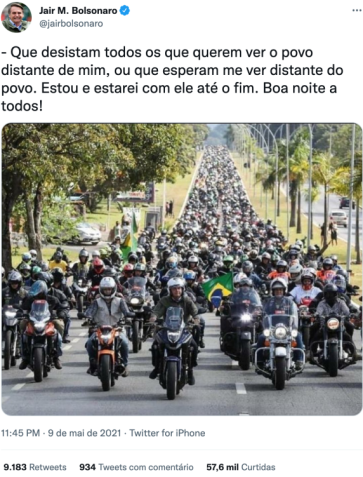 Print de tuíte de Jair Bolsonaro no dia 9 de maio de 2021 / Projeto Comprova
