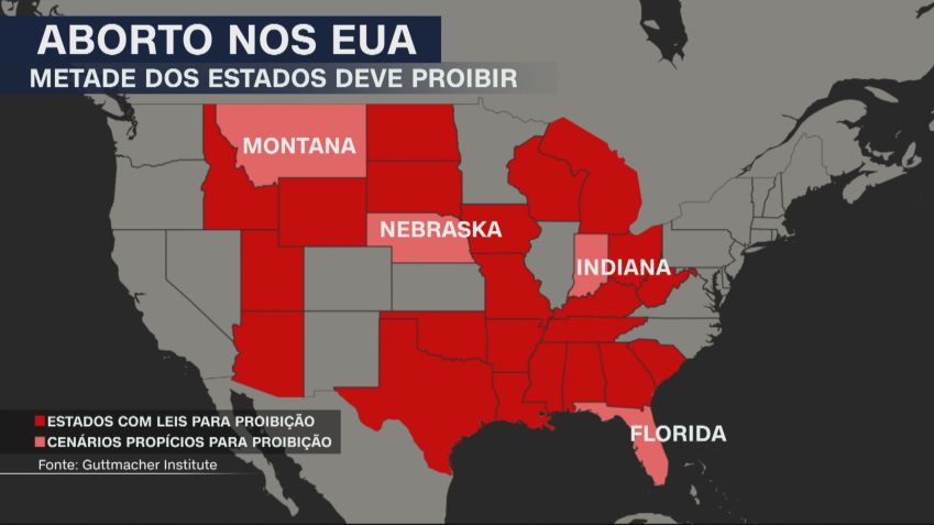 Estados norte-americanos com leis para proibição do aborto e com cenários propícios para proibição / Reprodução/CNN