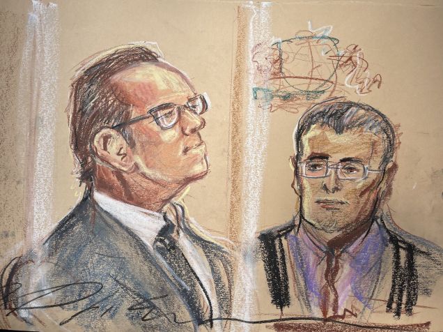 Desenho de Kevin Spacey no tribunal de Londres, nesta quinta-feira, 16 de junho / Priscilla Coleman/MB Media