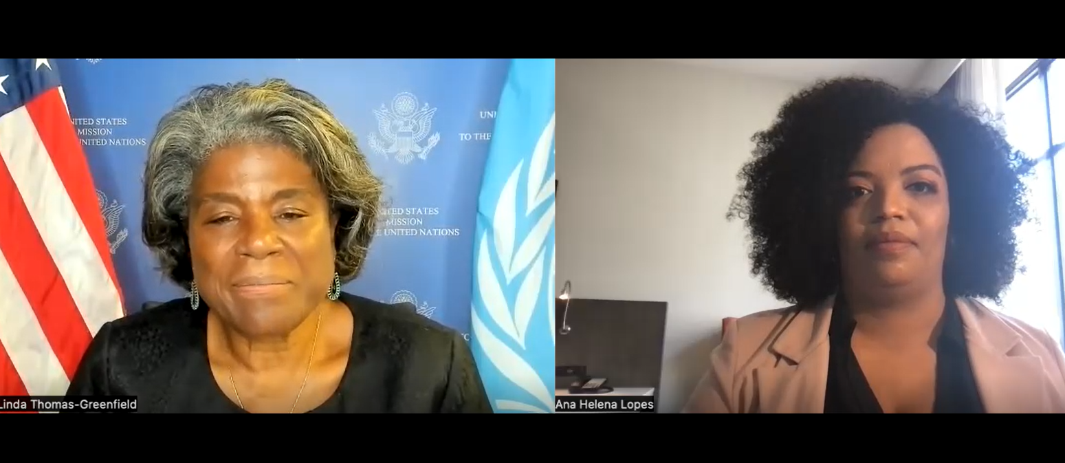 Linda Thomas-Greenfield e Basília Rodrigues em entrevista / Reprodução/CNN