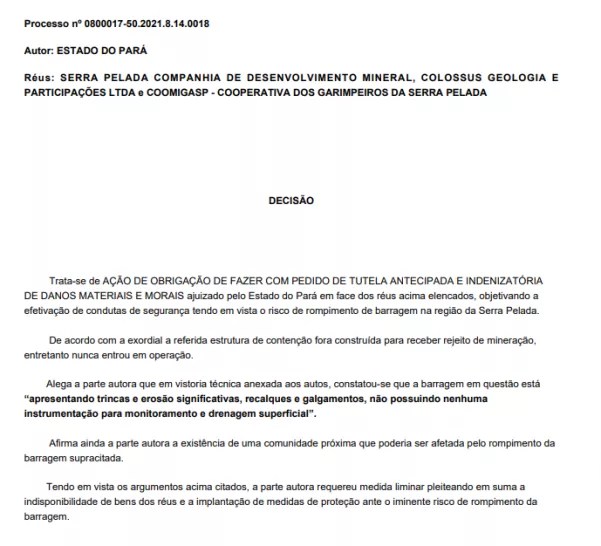 Ação movida pelo Estado do Pará contra Serra Pelada Companhia de Desenvolvimento Mineral, Colossus Geologia e Participações Ltda e Coomigasp – Cooperativa dos Garimpeiros da Serra Pelada