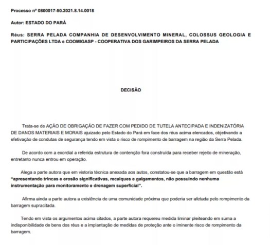 Ação movida pelo Estado do Pará contra Serra Pelada Companhia de Desenvolvimento Mineral, Colossus Geologia e Participações Ltda e Coomigasp – Cooperativa dos Garimpeiros da Serra Pelada