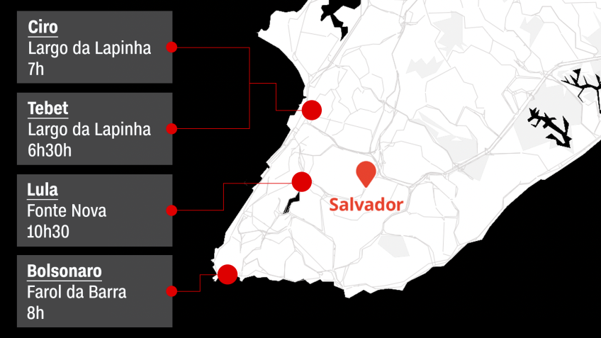 Locais em Salvador em que quatro pré-candidatos a presidente têm agendas neste sábado (2) / Arte CNN