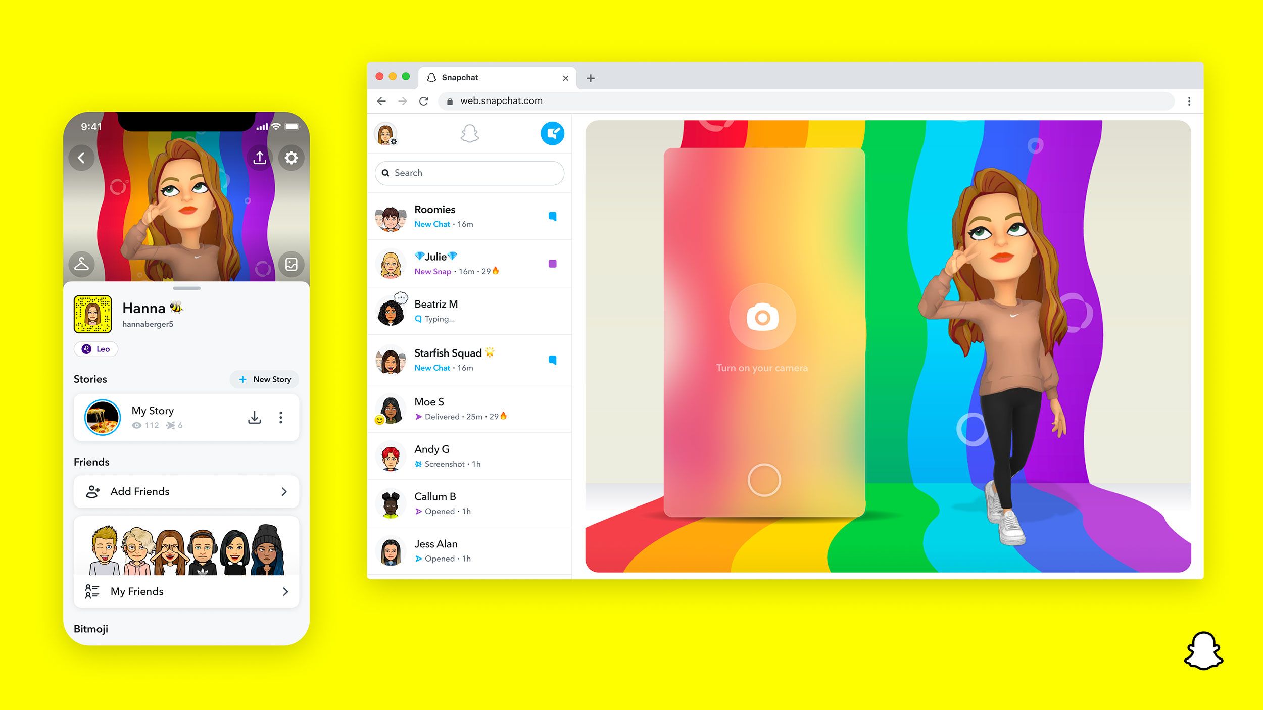 O Snapchat está lançando uma versão baseada na web da plataforma que permitirá aos usuários enviar fotos, bate-papo e videochamadas de um computador / Reprodução/ Snapchat