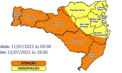 Defesa Civil emite alerta de ventos fortes de até 90 km/h em SC