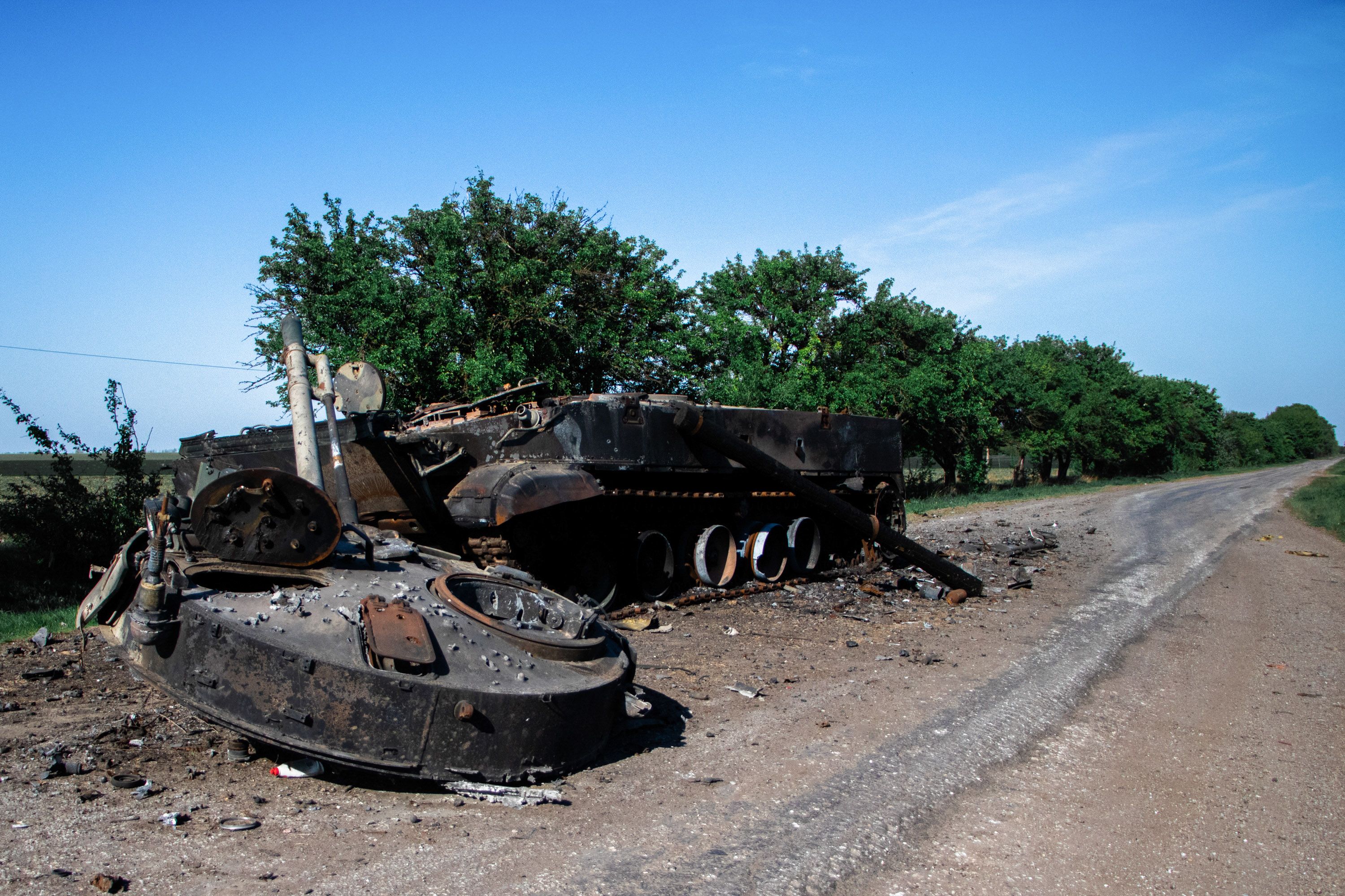 Destroyed Russian tank next to the military Checkpoint.