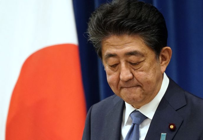 TOKYO, JAPAN - AUGUST 28: Japanese Prime Minister Shinzo Abe reacts during a press conference at the prime minister official residence on August 28, 2020 in Tokyo, Japan. Prime Minister Shinzo Abe announced his resignation due to health concerns. (Photo by Franck Robichon - Pool/Getty Images) / Getty Images