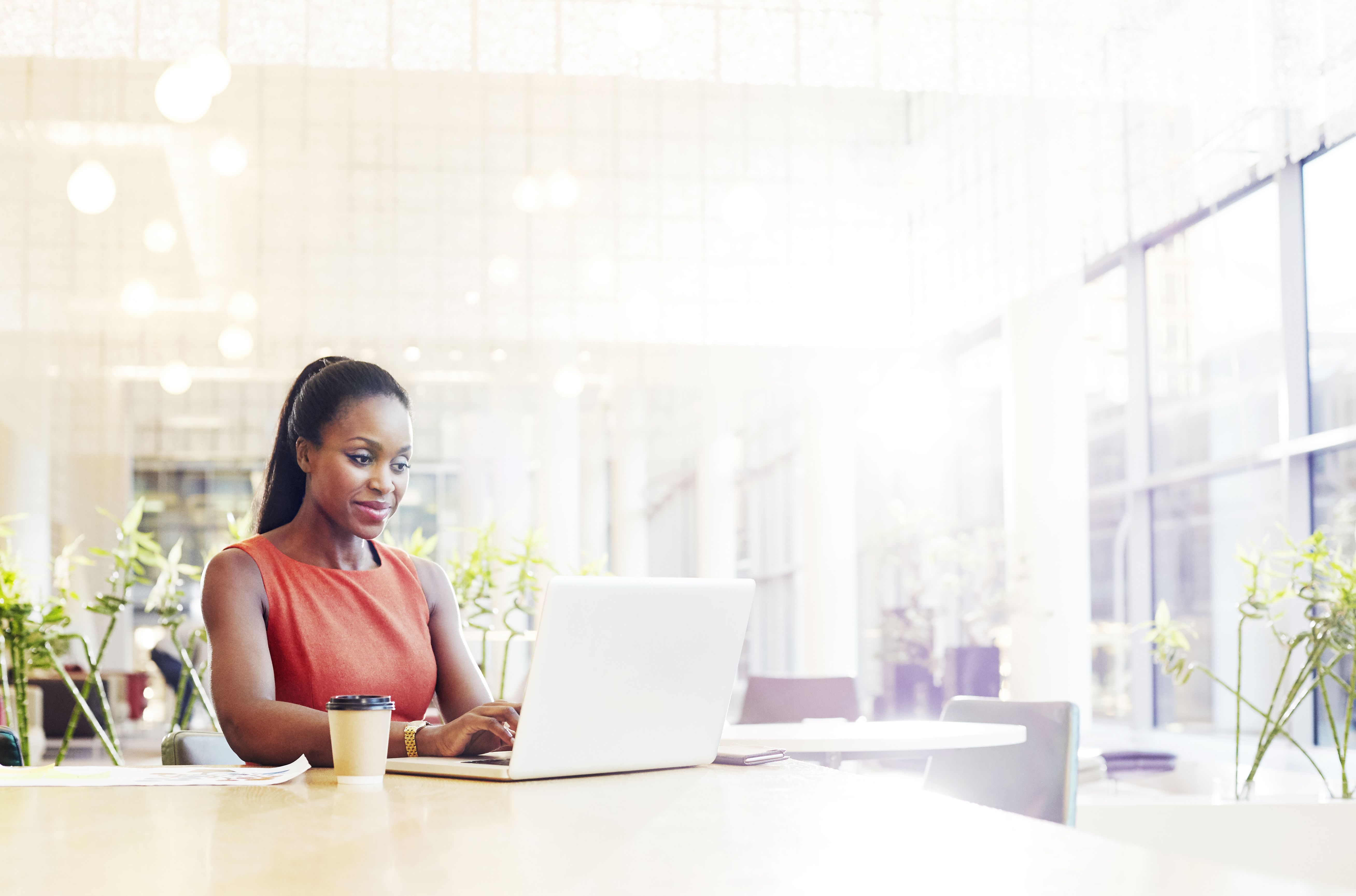 Businesswoman in a modern office using her laptop.