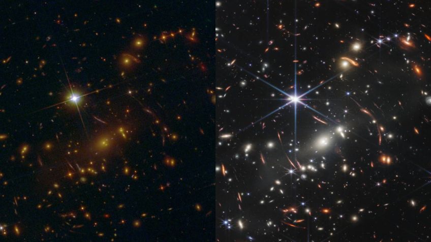 Aglomerado de galáxias SMACS 0723 fotografado pelo telescópio Hubble (à esquerda), e pelo telescópio James Webb (à direita) / Nasa