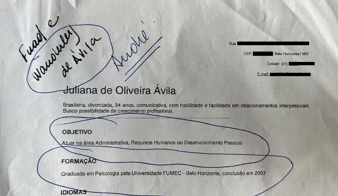 CNN teve acesso a um currículo de Juliana com a grafia que seria de Alexandre Kalil indicando que ela deveria ser nomeada para um cargo comissionado / Reprodução