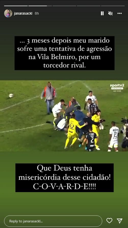 Publicação da esposa de Cássio, Janara Sackl, nos stories do Instagram após invasão de torcedores na Vila Belmiro, nesta quarta (13). / Reprodução