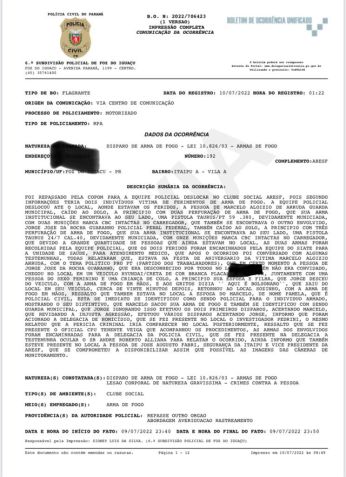 Boletim de ocorrência do crime em Foz do Iguaçu / Reprodução