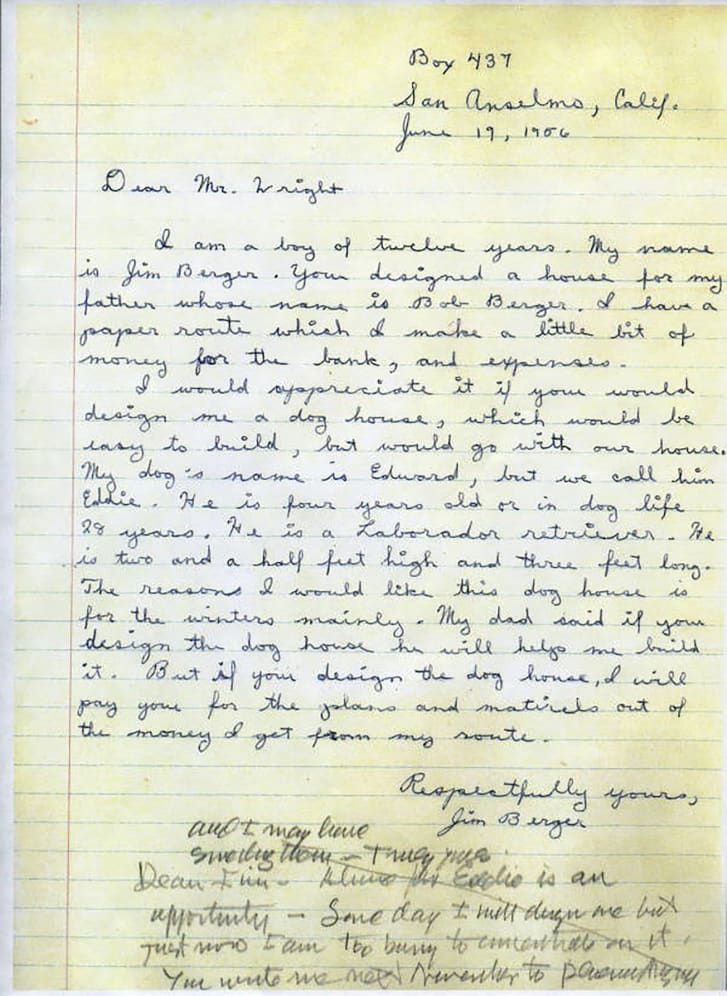 Carta que o menino Jim Berger escreveu para o arquiteto / Condado de Marin