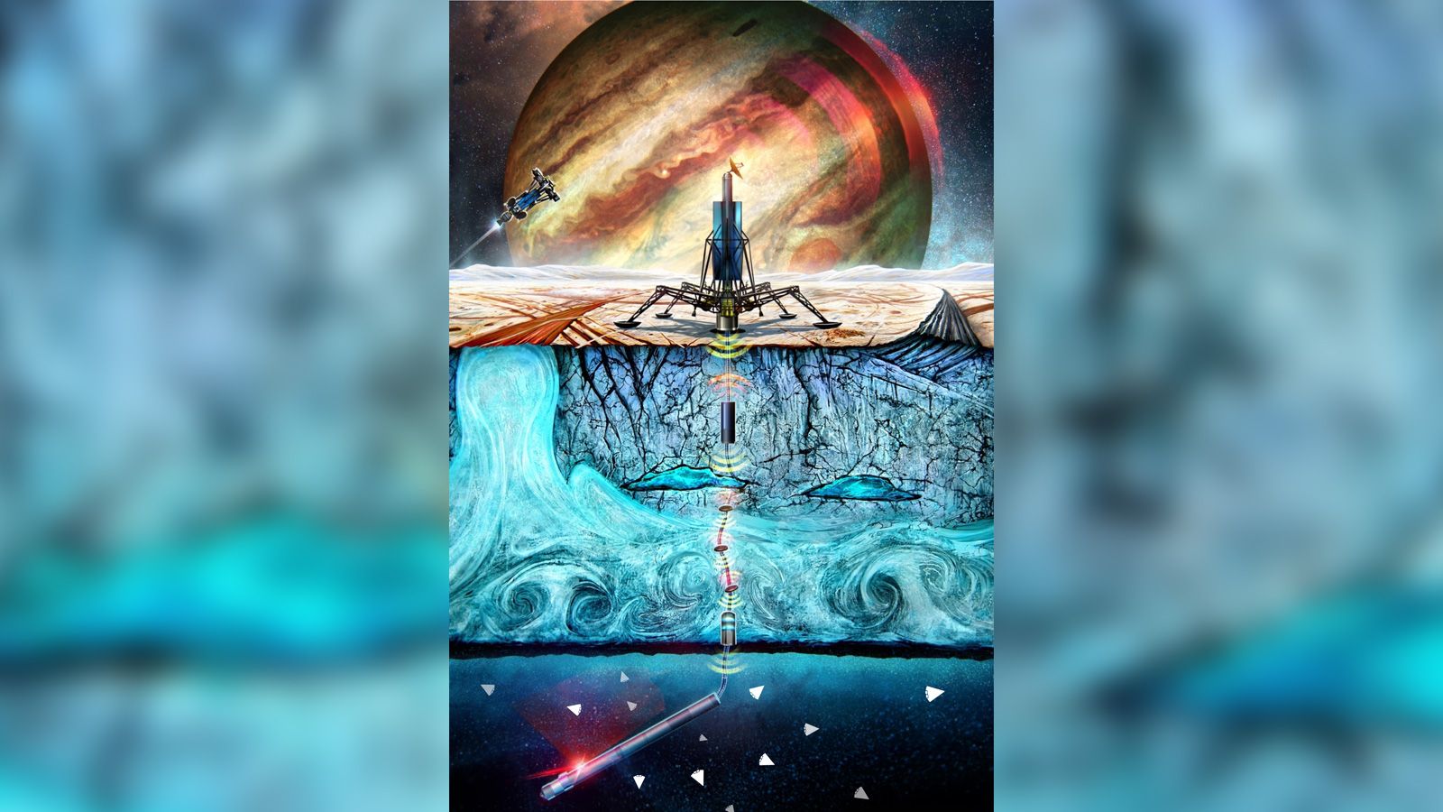 Ilustração mostra o conceito de criobot da Nasa implantando pequenos robôs milhas abaixo de um módulo de pouso / NASA/JPL-Caltech