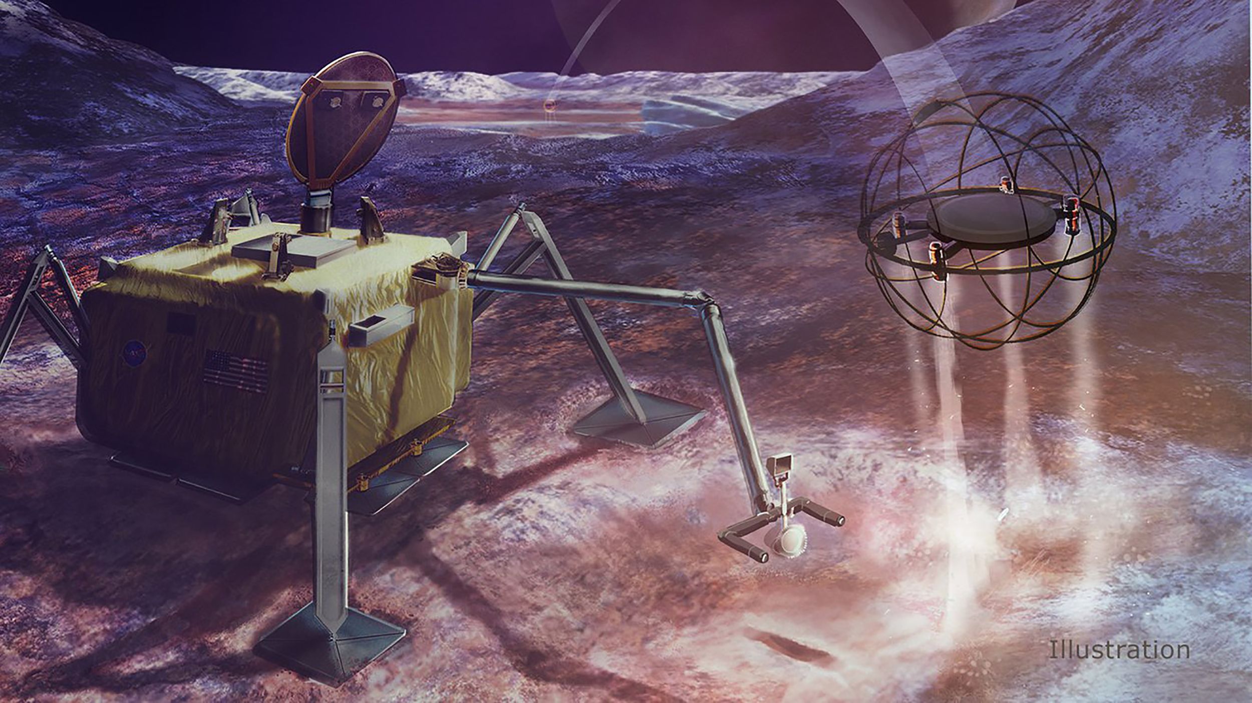Ilustração mostra o Sparrow, um conceito robótico movido a vapor que poderia saltar sobre terrenos traiçoeiros e gelados / JPL-Caltech/NASA