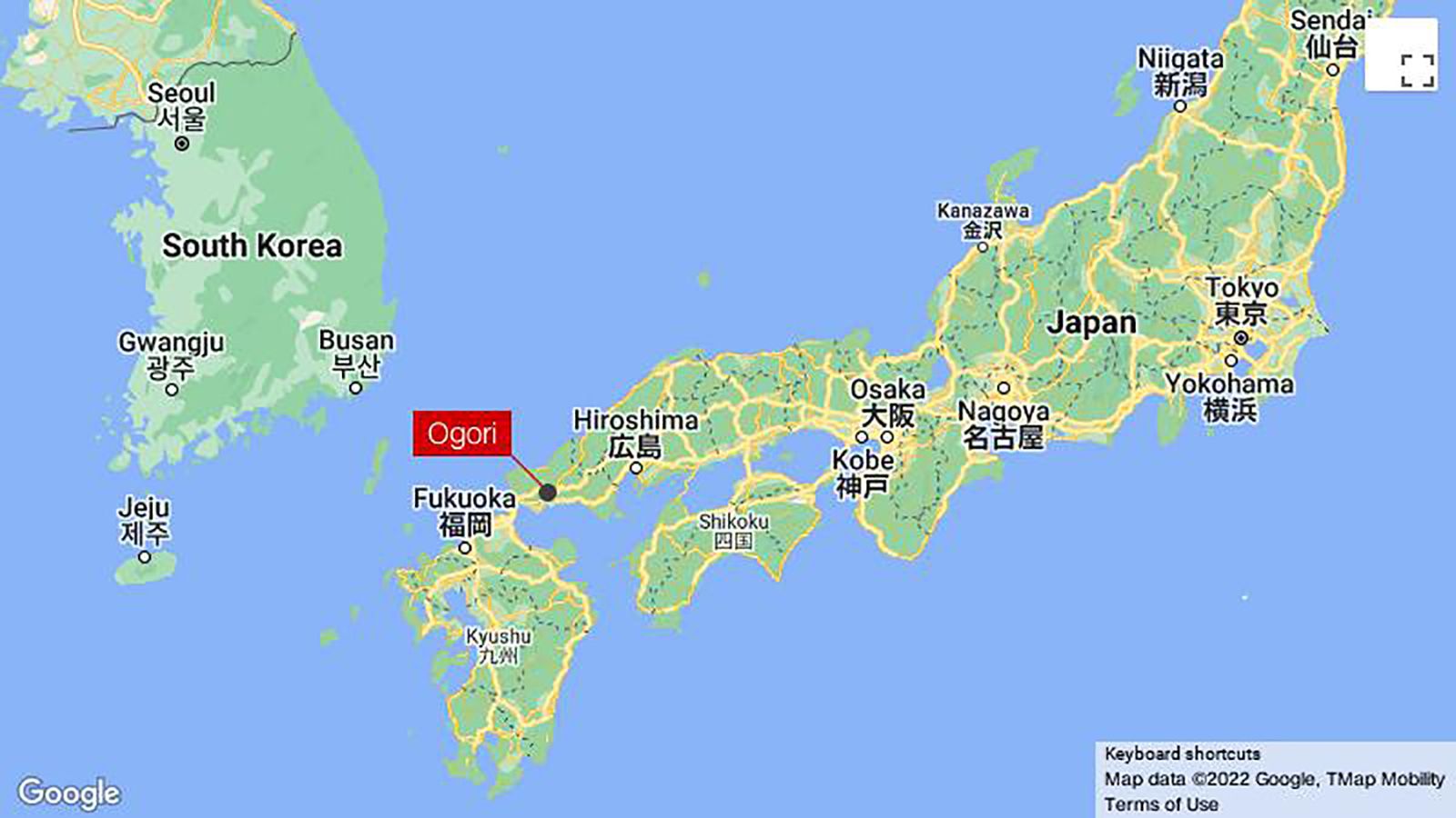 Localização de Ogori, cidade entre as regiões de Fukoka e Hiroshima / Google Maps