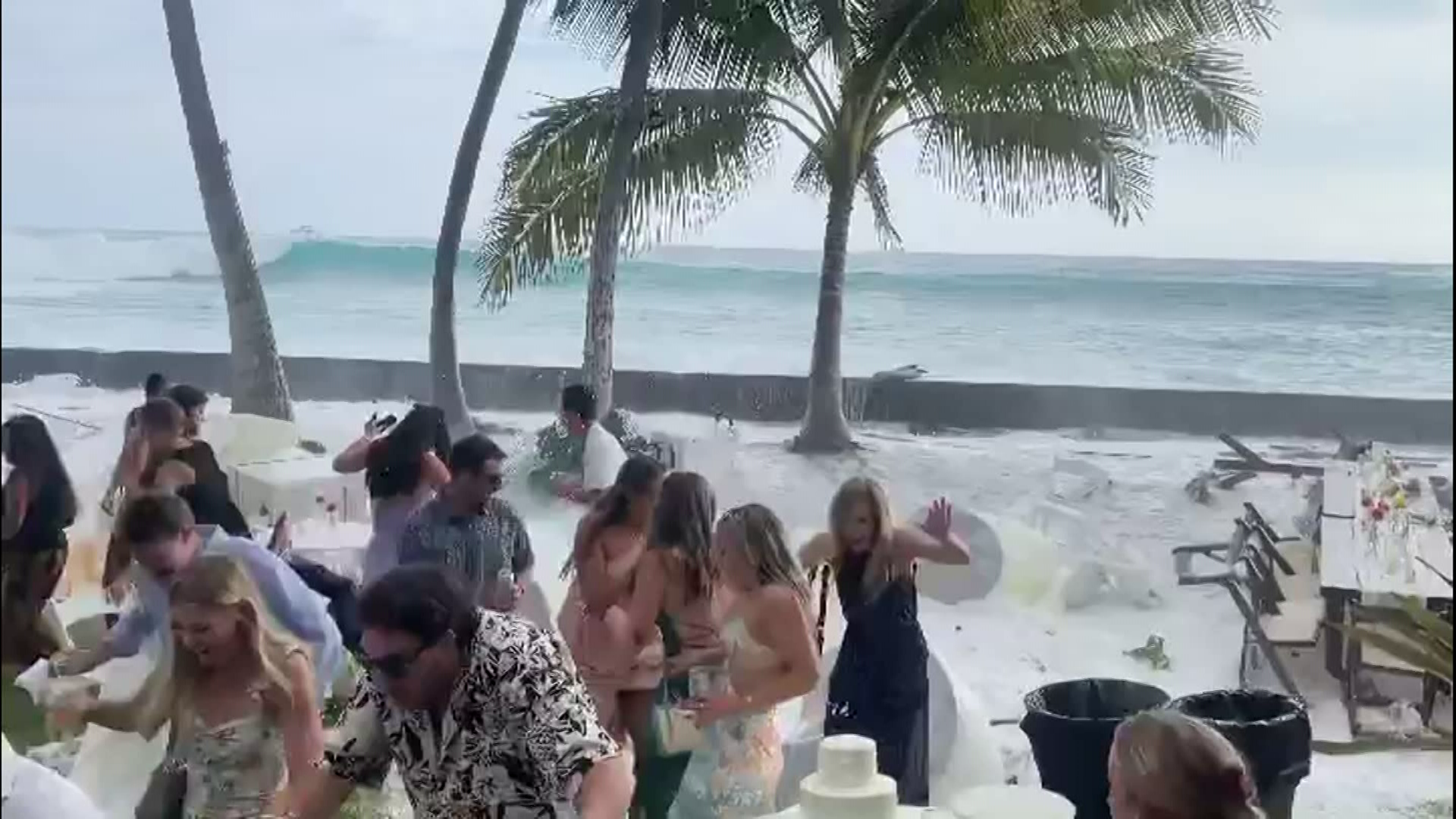 Ondas fortes no Havaí, Estados Unidos, atingem casamento