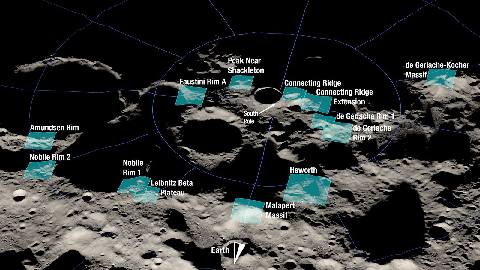 Uma renderização da Nasa mostra as 13 possíveis regiões de pouso para Artemis 3. Cada região tem aproximadamente 15 por 15 quilômetros. / NASA