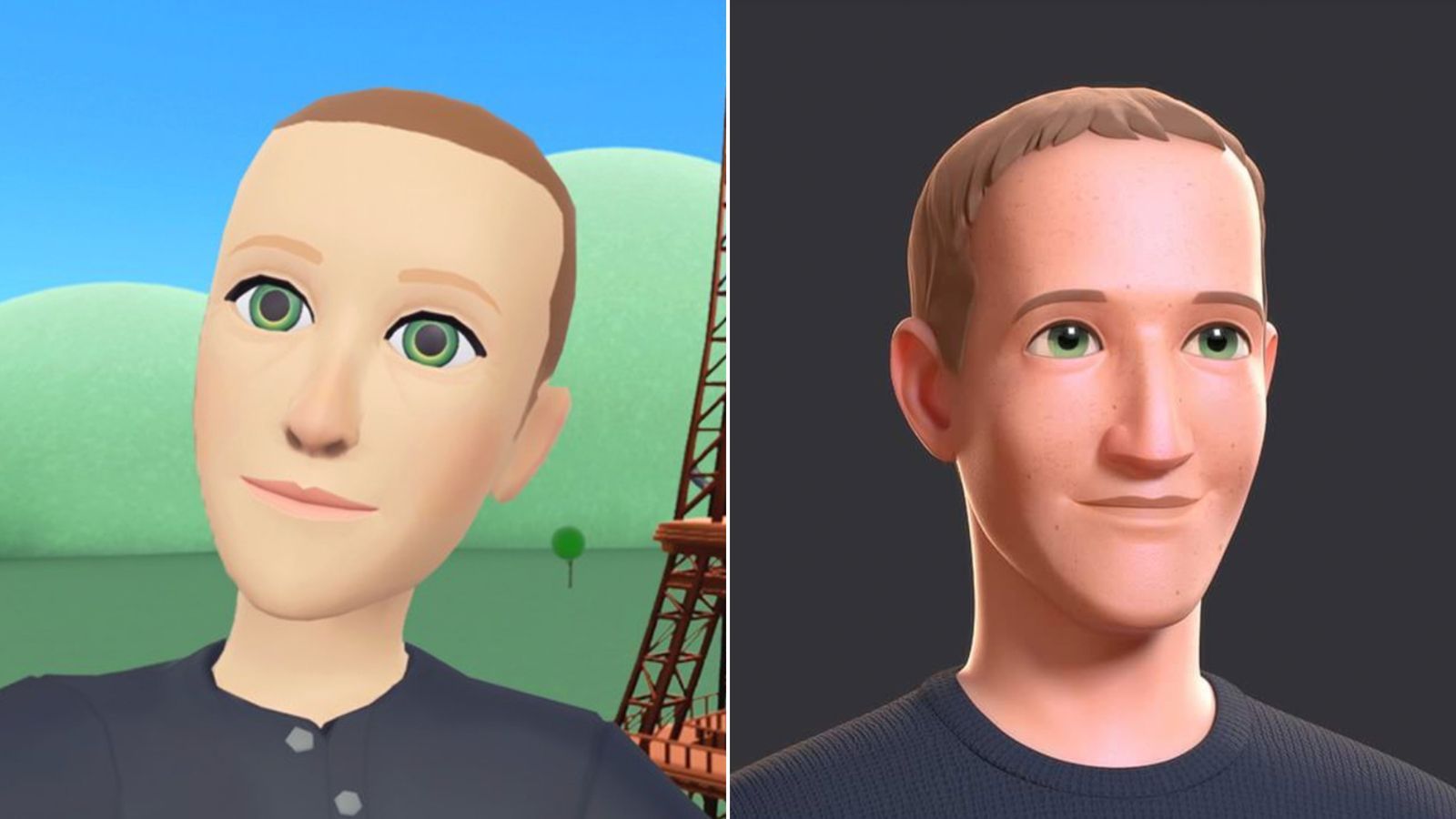Capturas de tela dos avatares de Mark Zuckerberg em Horizon Worlds. Depois de ser provocado pela primeira foto (esquerda), ele postou um exemplo do que ele diz que está chegando em breve (direita). / Facebook/Met