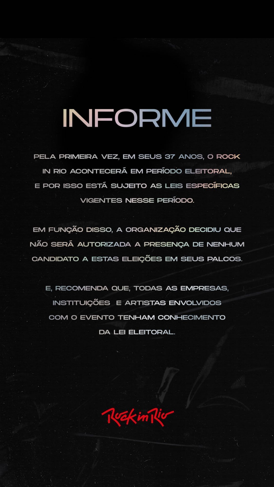 Informe publicado pela organização do Rock in Rio sobre a presença de candidatos às eleições de 2022 no palco do festival. / Reprodução