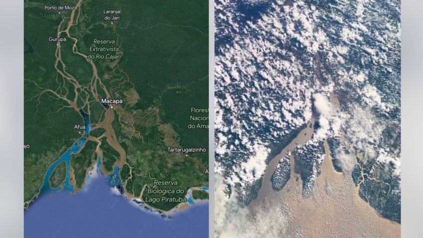 Imagem de satélite mostra mapa do Brasil entre Pará e e Macapá (à esquerda) / Cosmonauta russo filma Norte do Brasil da Estação Espacial Internacional (à direita) / Reprodução