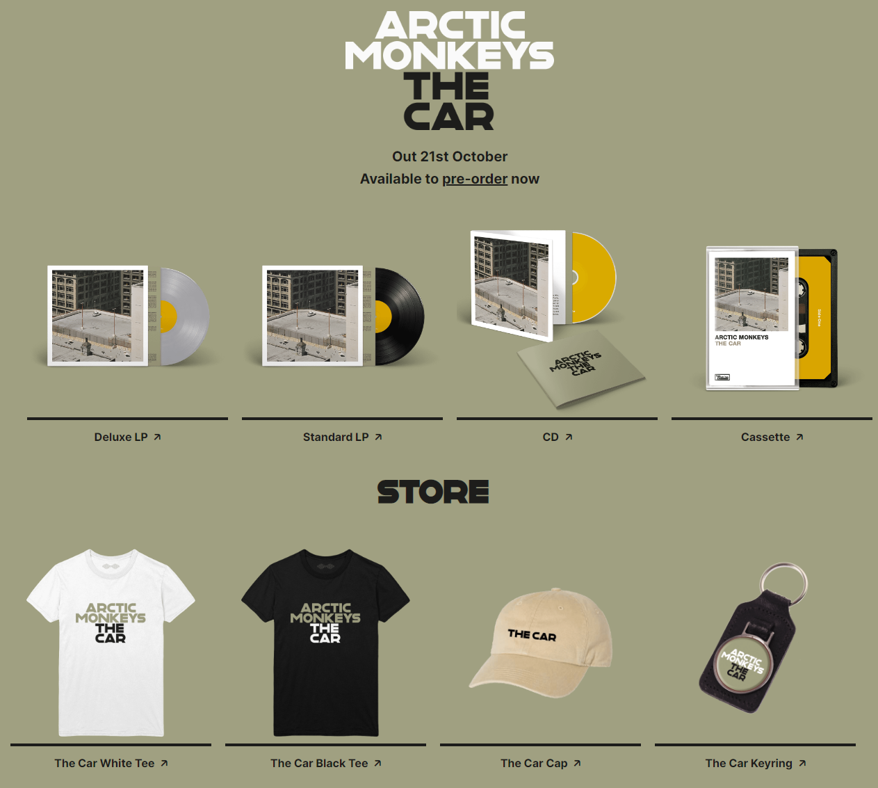 Produtos disponíveis na loja oficial do Arctic Monkeys para o lançamento de "The Car", sétimo álbum da banda. / Reprodução