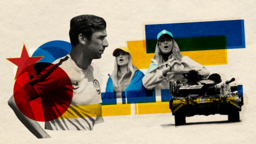 montagem com jogaderes e toercedores ucranianos e um tanque de guerra