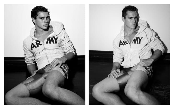Os modelos nas fotos originais usavam trajes vintage dos anos 80, incluindo meias, speedos e moletons militares que Inglish colecionava ao longo dos anos / Doug Inglish